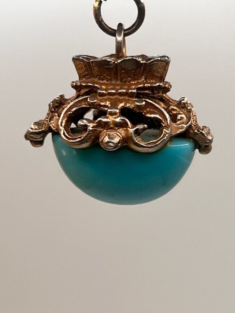 Vintage Gold Tone Oval Blue Cabochon Pendant Fob Dangle